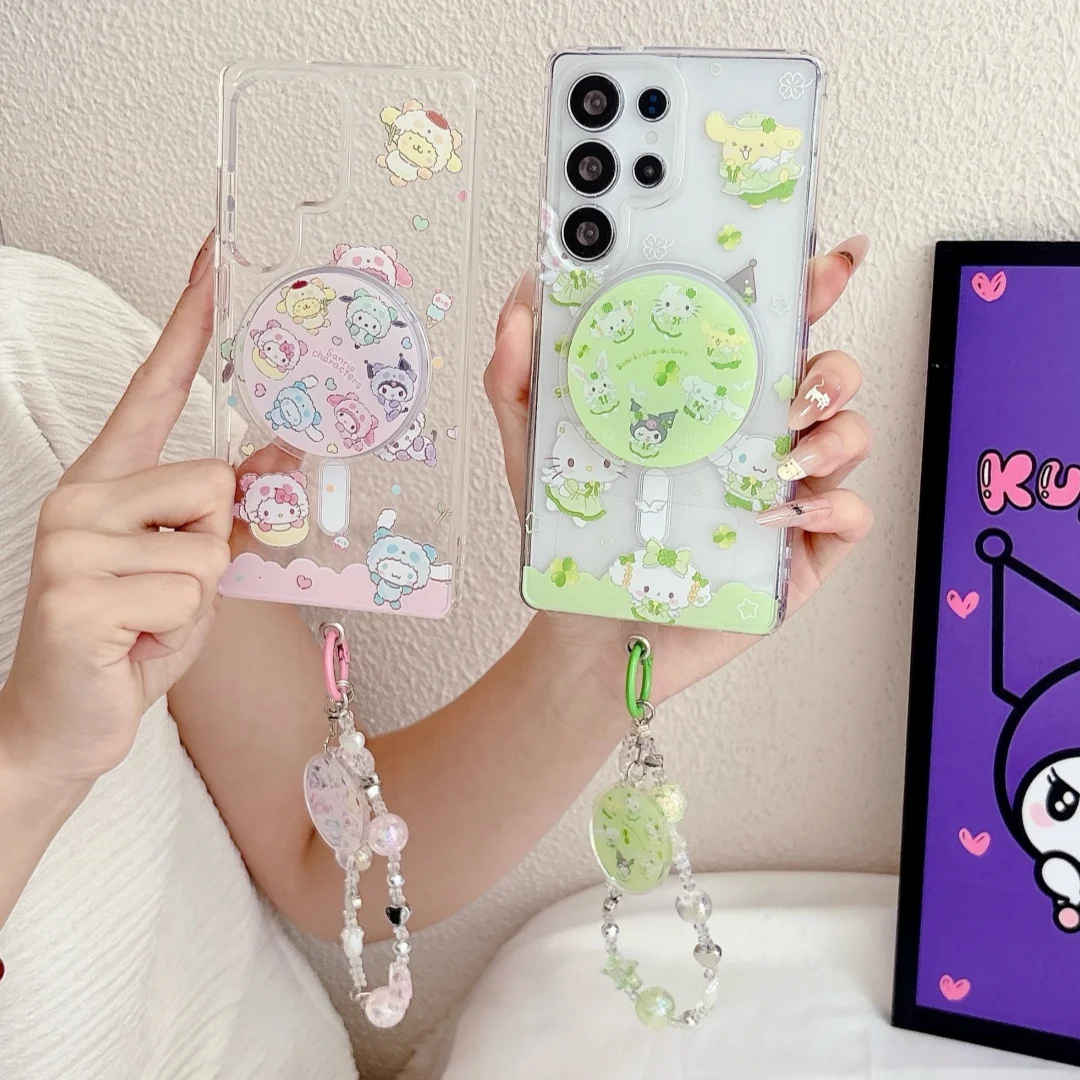 

Lucky Four-Leaf Clover Sanrio Magnetic Stand Phone Case For Samsung S26Ultra S25 S24 S23 Plus For Magsafe Clear Cover With Chain
