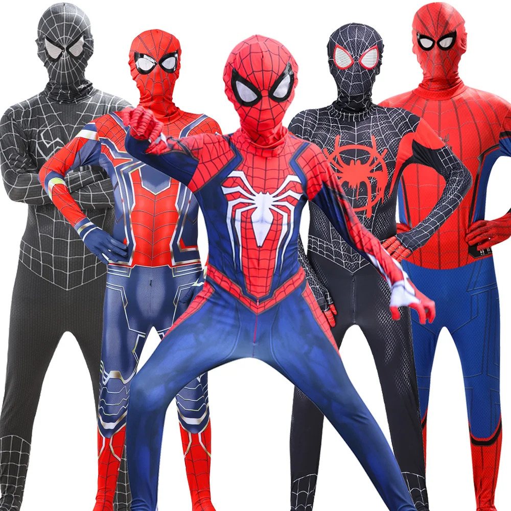 Kids Superhero Miles Morales Far From Home Spiderman Cosplay con maschera Cape adulto body Peter Parker Zentai Costume