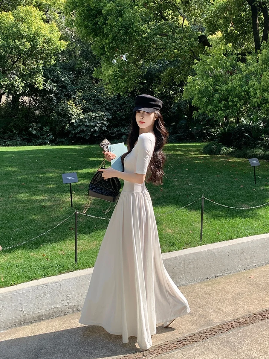 

Simple Pure Color A-Line Dr Women's Summer Slimming U-Ne Long Skirt Cotton ort Sve Bodycon Dr Date Night Outfit