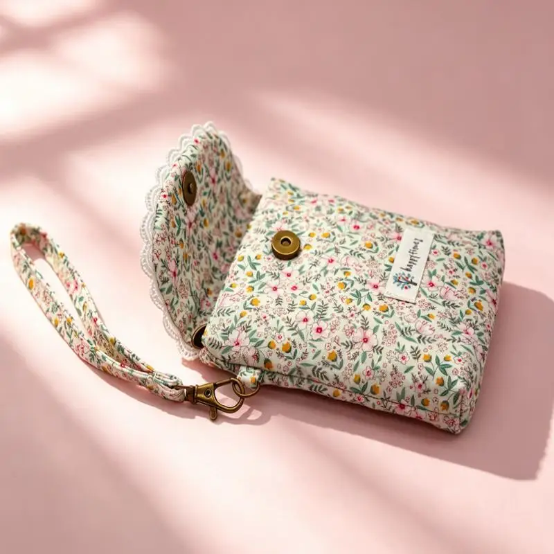Cute Lace Edge Floral Print Mini Wristlet Bag Flap Phone Purse Detachable Strap Suitable for Teen Girls Date Use