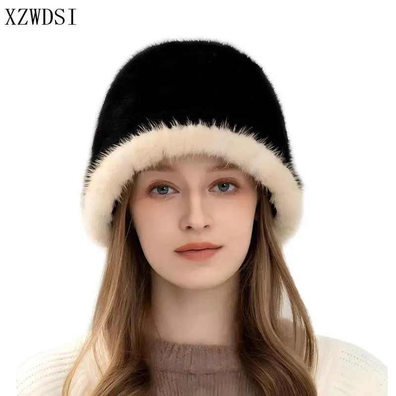 

Роскошная женская шапка, зимние однотонные шапки, шапка из натурального норкового меха, новая русская девушка, мягкие вязаные меховые панамы