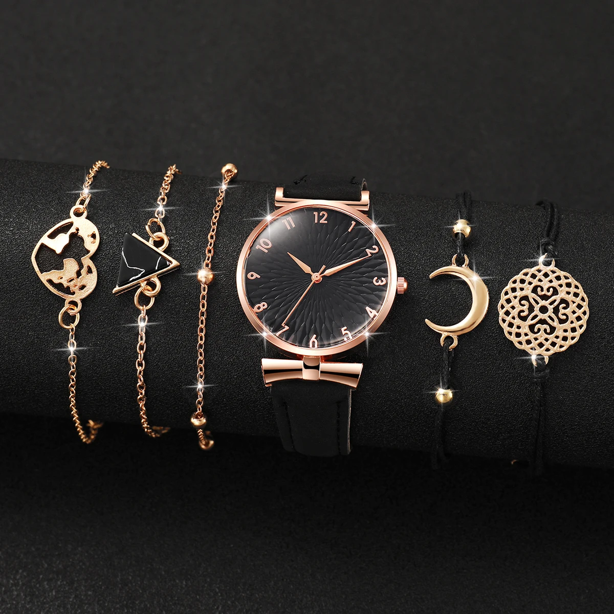 6 stks/set dames minimalistisch quartz horloge mode zwart lederen band horloge met driehoekige armband