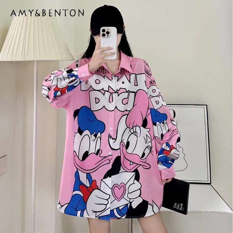 

Loose Cartoon Long Sleeve Printed Shirt Women's Mid-Length Oversized Single-breasted Retro Anti-Aging Pink Blouse Summer Clothes