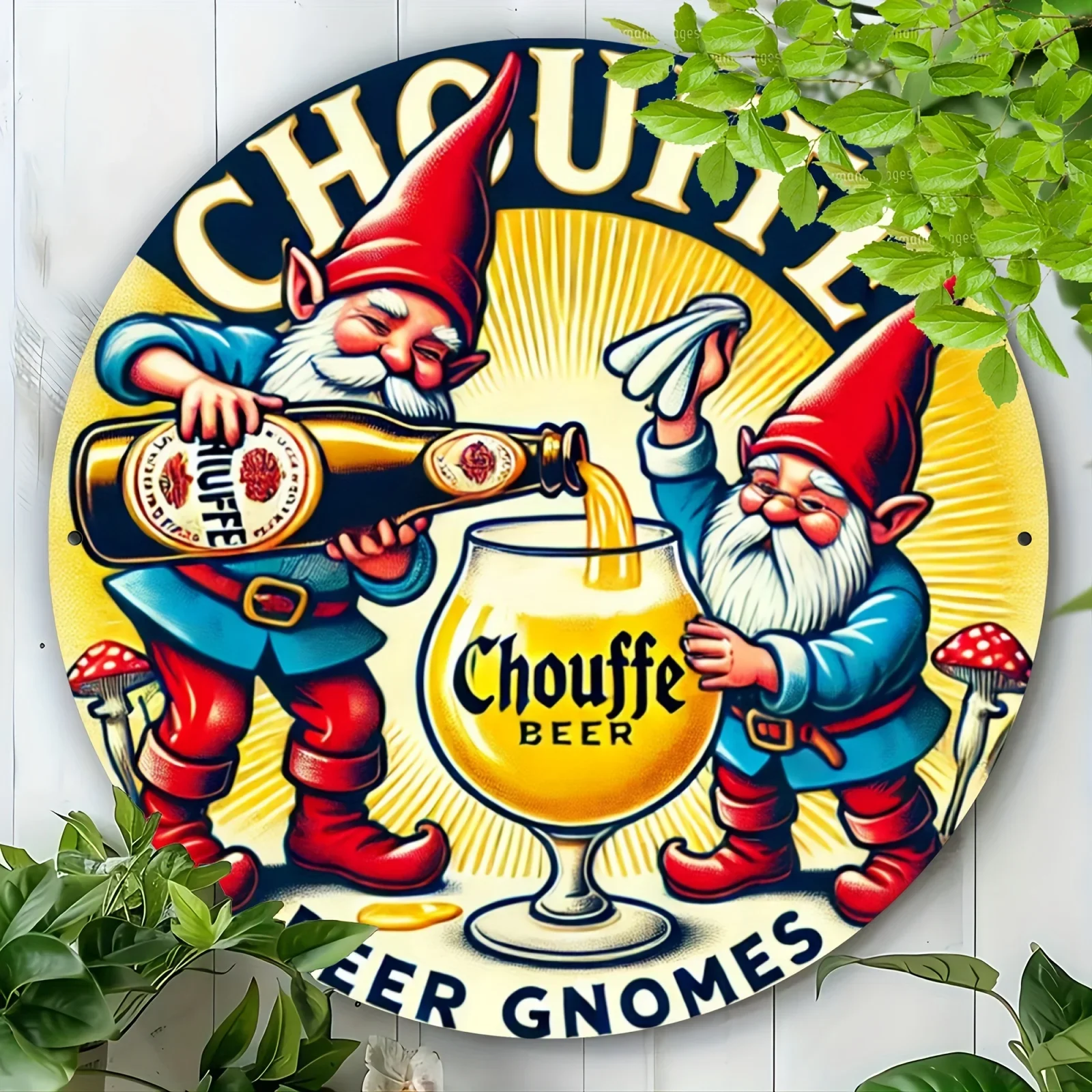 Round Metal Sign with Beer Gnome Theme Hair Accessory/Home and Office Decoration, Aluminum Wall Art/Durable Material/Living Room Gift