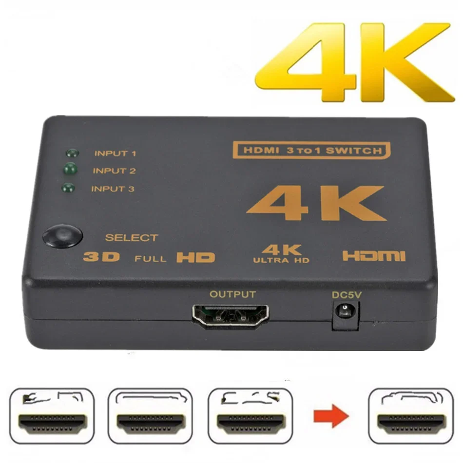 WvvMvv 4K*2K 3D Mini 3 Port HDMI-compatible Switch 1.4b 4K Switcher Splitter 1080P 3 in 1 out Port Hub for DVD HDTV Xbox PS3 PS4