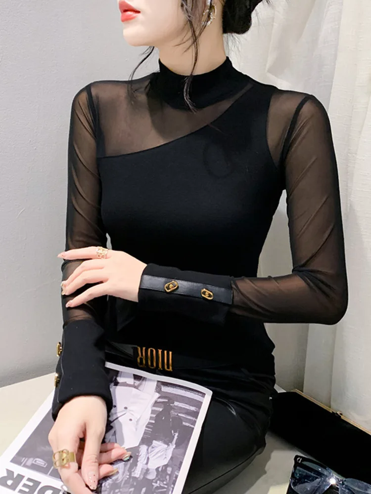 Autumn And Winter Clothing New Semi High Neck Long Sleeved Hollow Mesh Splicing T-Shirt For Women Slim Fit Base Shirt Trendy