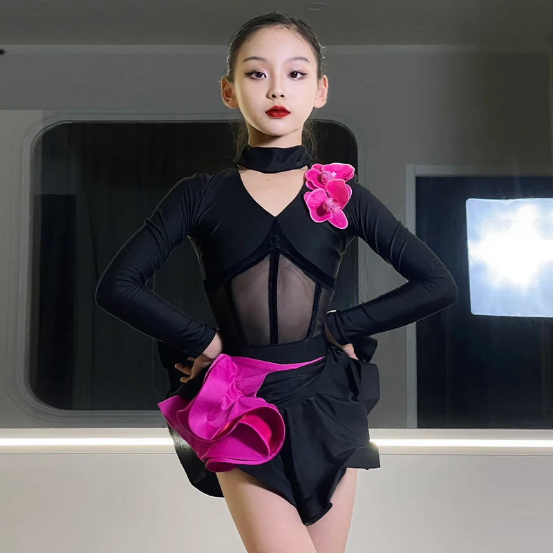 

Girls Latin Dance Competition Costume Rumba Tango Samba Dance Practice Clothes Long Sleeve Flower Performance Wear VDB7353