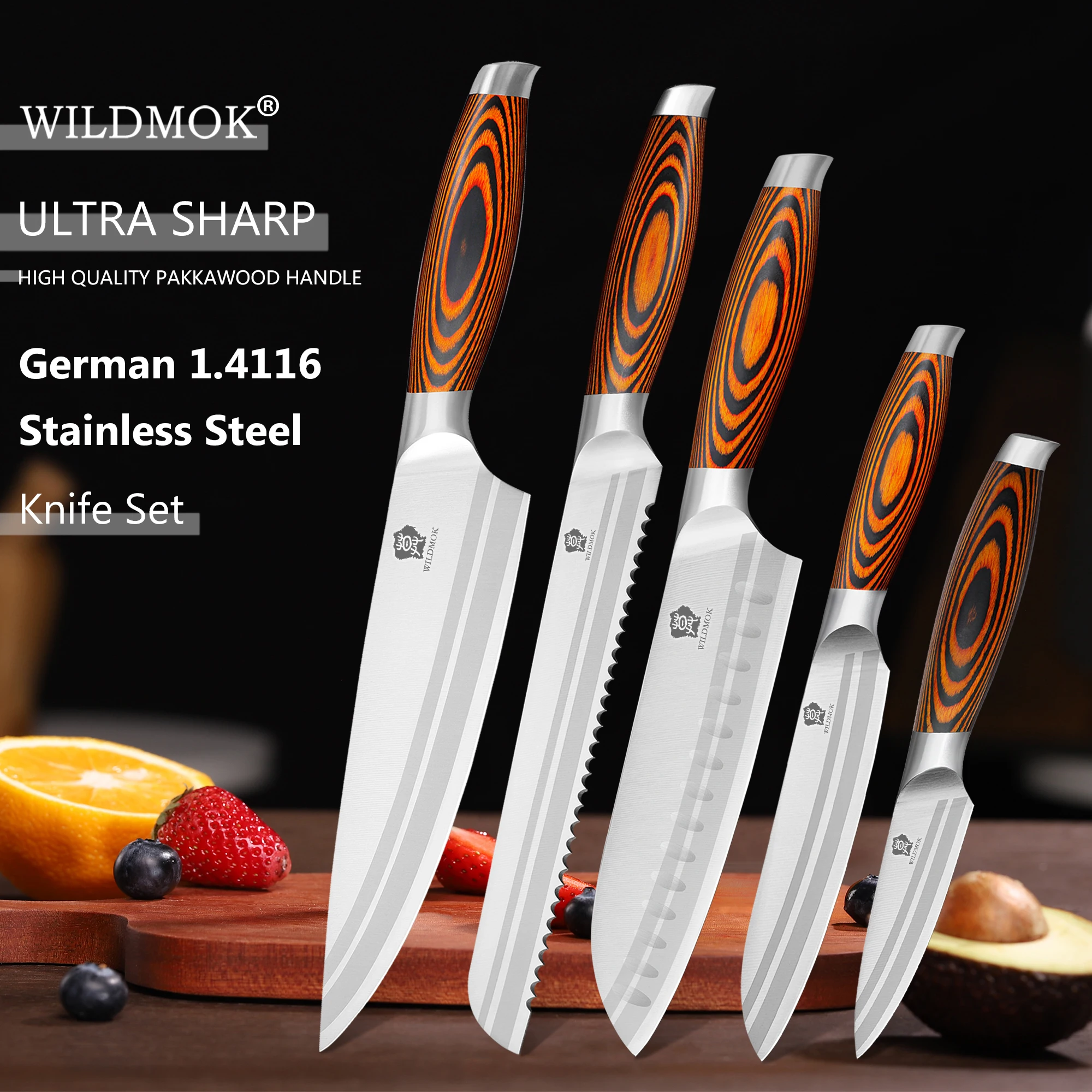 

WILDMOK Kitchen Knife Set High Quality Sharp Stainless Steel Chef's Santoku Slicing Knives with Pakkawood Handle