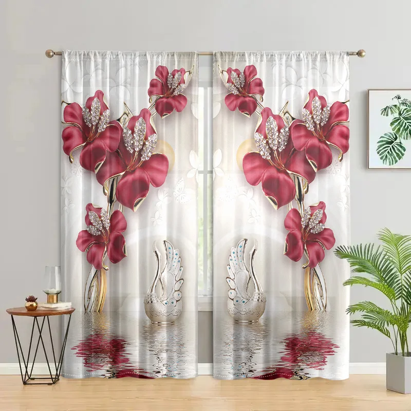 2 pieces, beautiful flower swan print semi blackout curtains - pole pockets - bedroom, living room, and other home decorations