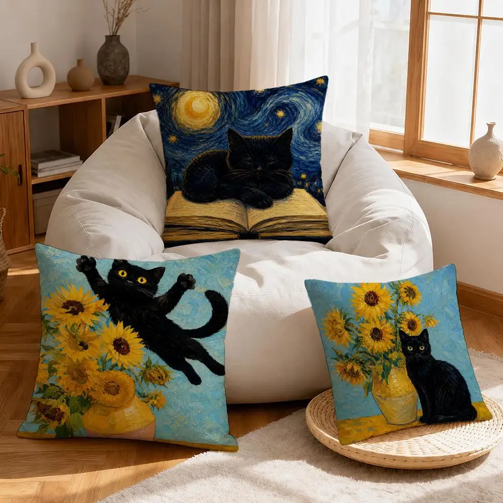 Art Funny Art Black Cat Cushion Cover Linen Anti‑mite Antibacterial Cushion Cover Invisible Zipper for Couch Living Room