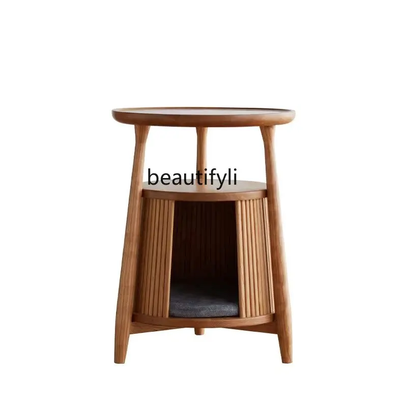 Nordic round Sofa Side Table Cat Nest Coffee Table Balcony Retro Bedside Table Wooden Coffee