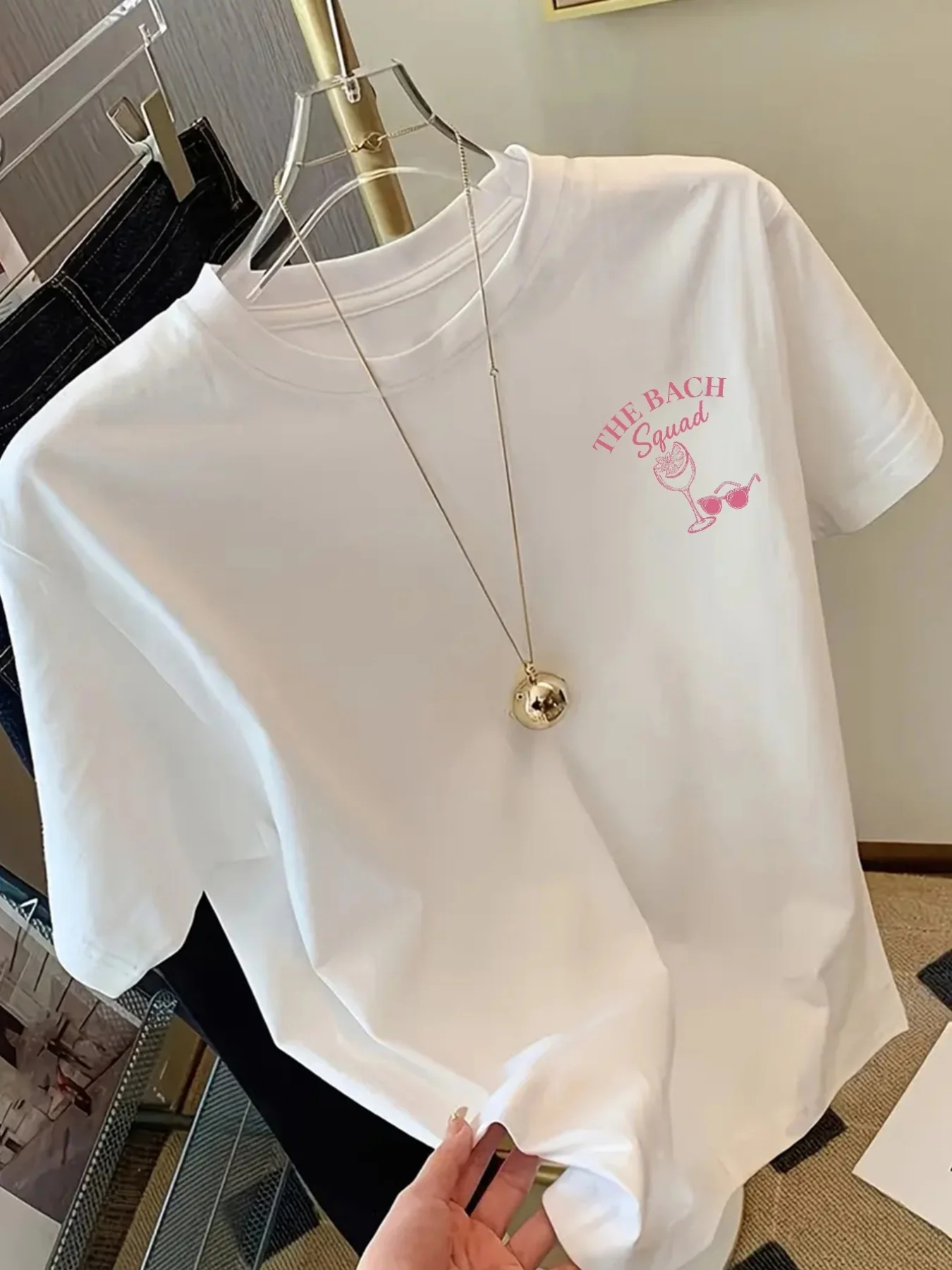 White T-shirt with Striking Pink Squad Print Breathable Crew Neck Sleeved Perfect for Bachelorette Parties Aesthetic Clothes