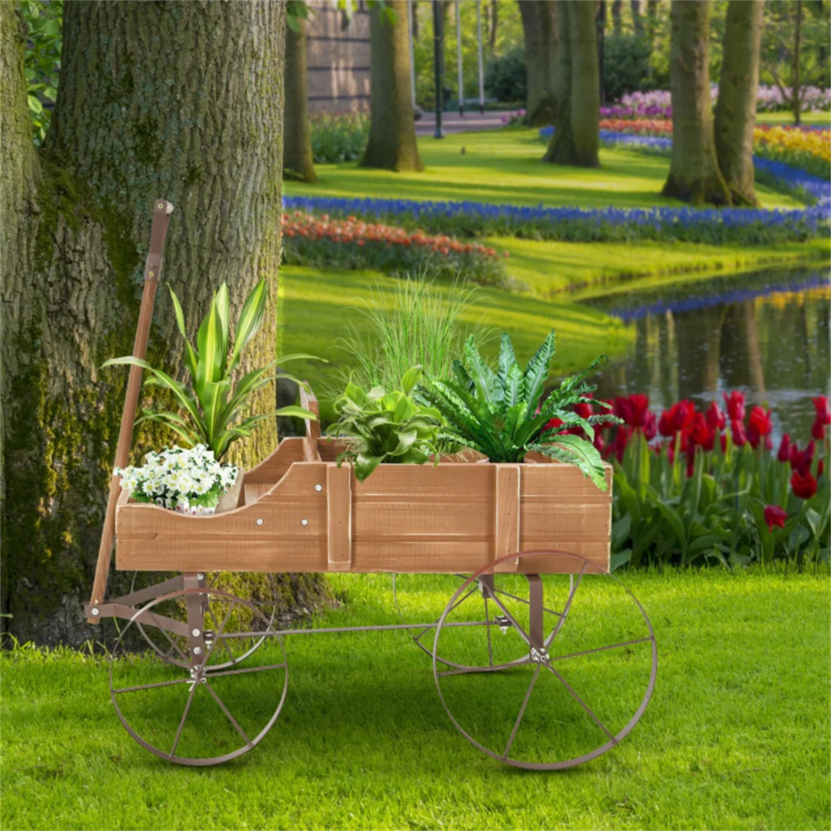 Cadre de plante en bois avec roues, pot de plantation marron