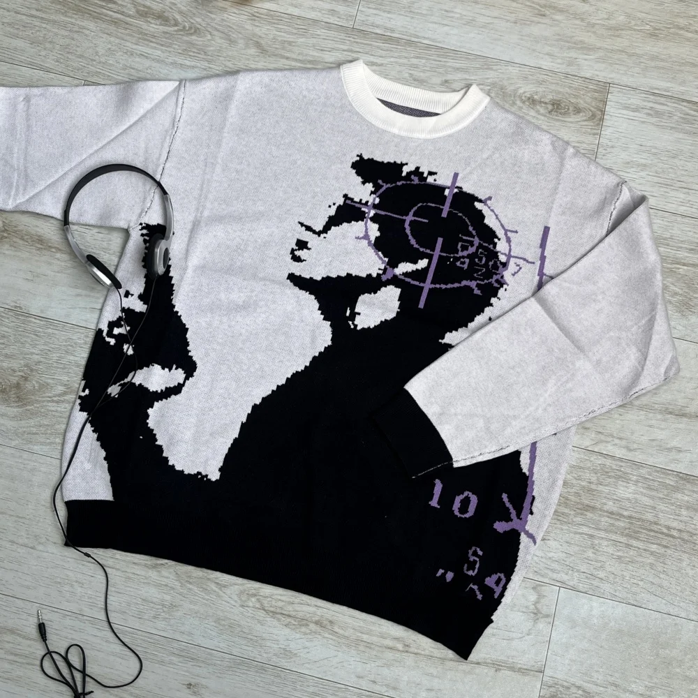 Herfst gebreide oversized trui met ronde hals heren basic portret bedrukte trui ronde hals elastische trui warme sportkleding heren