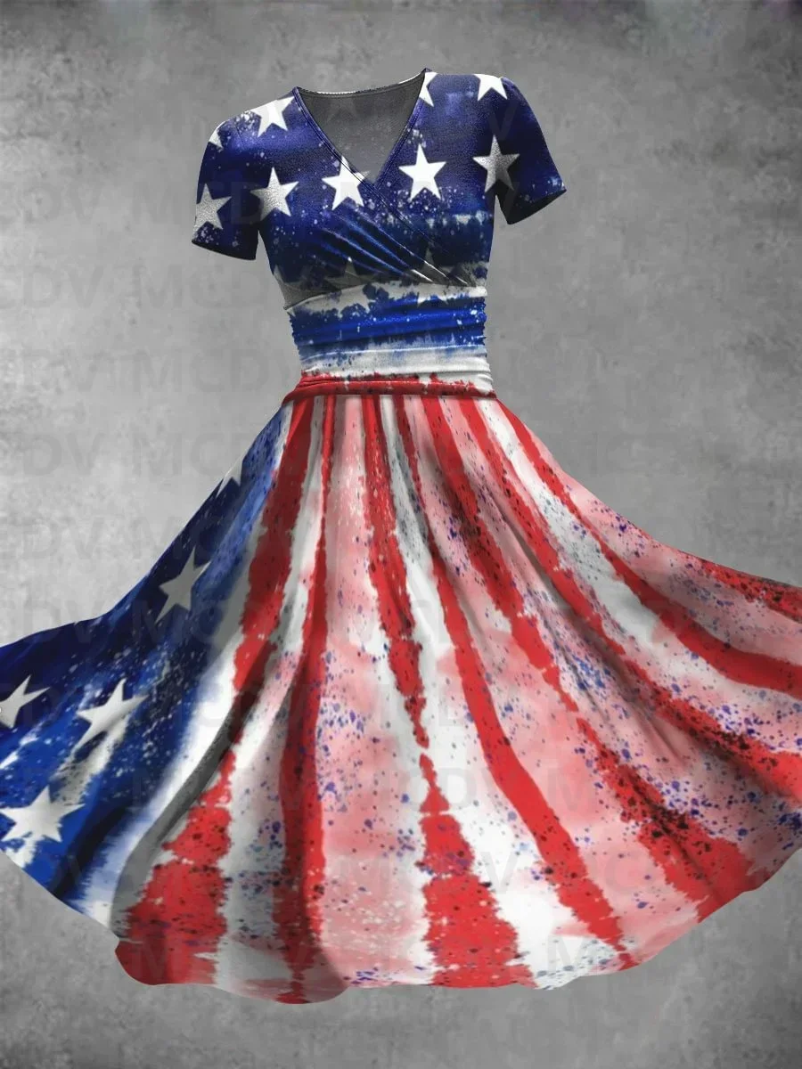 

Women's Independence Day Flag Art Maxi Dress 3D Printed Sexy V-neck Dress Female Dresses