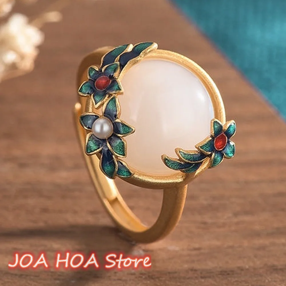 

Natural Hetian-Jade Suet White Gold Silk Jade National Style Pearl Ring Inlaid-Jade Handring Adjustable Refer-Ring FINE Jewery