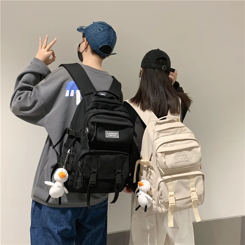 Solid color multi-pocket schoolbag female high school students backpack light color large capacity ins backpack male mochilas