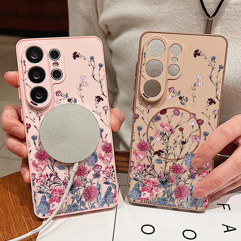Rose Pink Flowers Magnetic Phone Case For Samsung Galaxy S25 S26 Ultra S24 S23 FE A17 A56 A37 A16 A35 A55 A15 A36 A26 A54 Cover