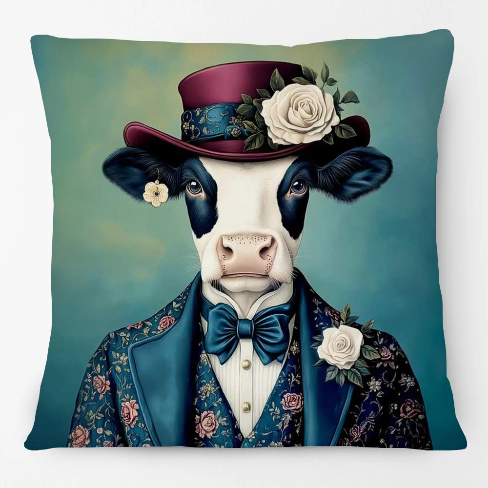 European Lion Leopard with Wreath Animals Portrait Cushion Covers Lady Giraffe Cow Pillowcase for Sofa