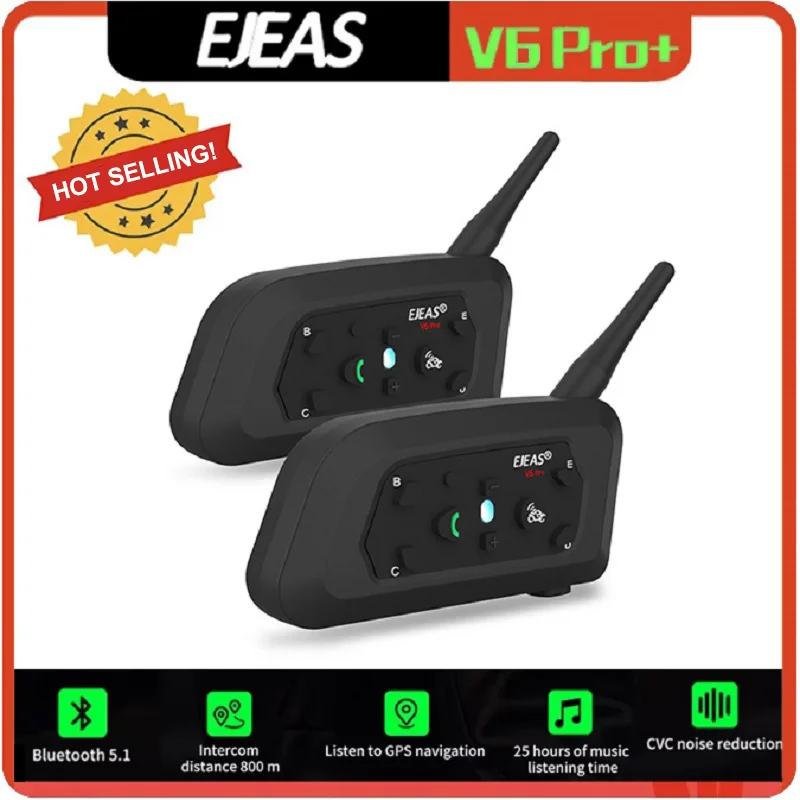 EJEAS V6 PRO pour 6 coureurs avec casque de moto Bluetooth + Interphone BT 1200M communicateur d'interphone de casque étanche