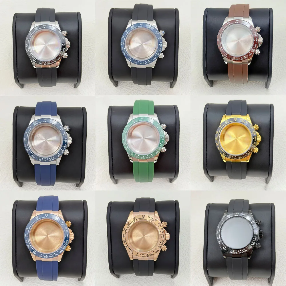 

39.3mm Silvery Rose Gold Mens Watch Steel Case for Daytona VK63 Quartz Movement Case Watch Parts ccessories Fits 20mm Strap