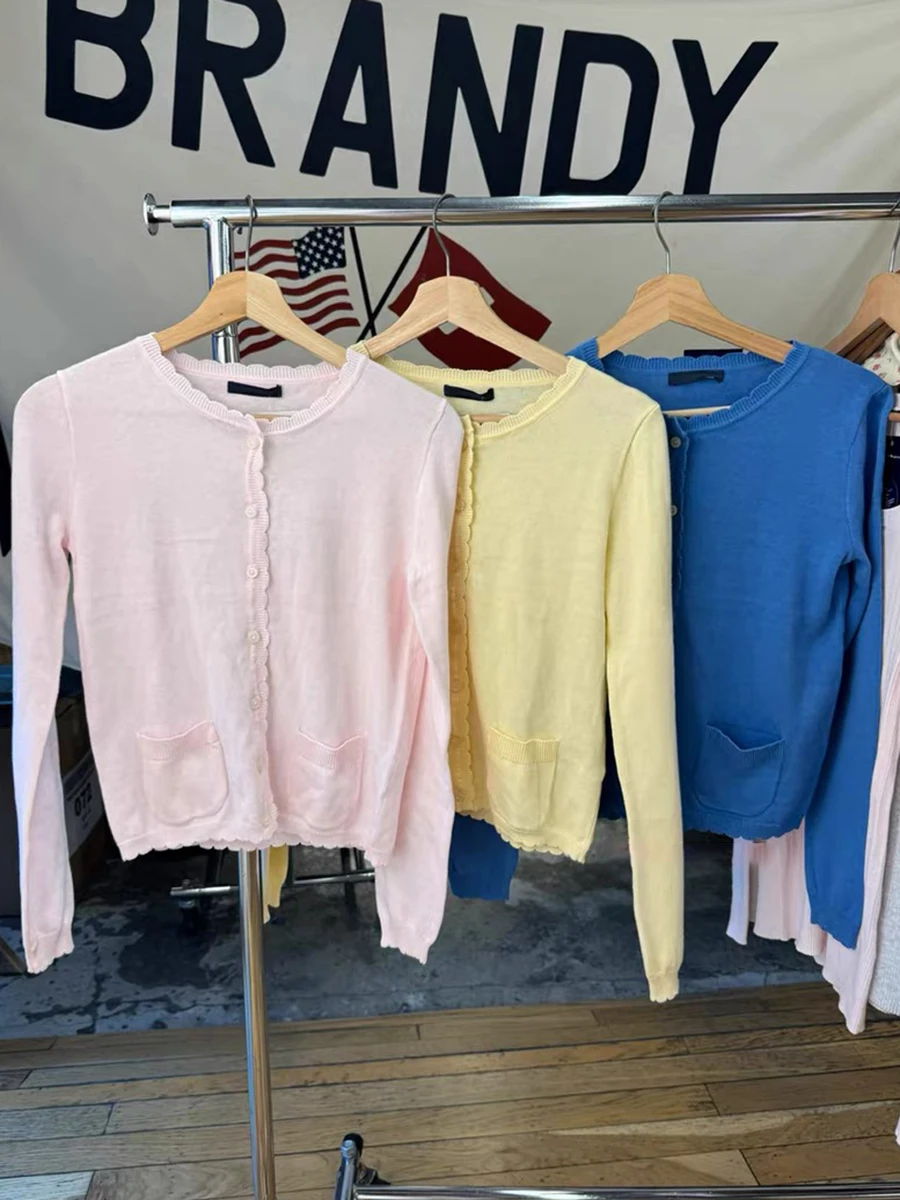 

Желтый тонкий вязаный кардиган с карманами, женский осенний хлопковый тонкий свитер с круглым вырезом и длинными рукавами, однотонные милые милые трикотажные топы Y2k