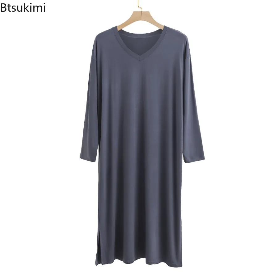 2025 ผู้ชาย Modal รอบคอแขนยาว Nightgown ชุดนอนเสื้อผ้ากลางยาวเข่าความยาวนุ่มและสบายชุดนอนชุด