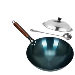 Traditional Chinese Seasoning Iron Wok with Ear,Wooden Handle Uncoated Cooking Wok,Round Bottom Kitchen Cookware for Gas Stoves