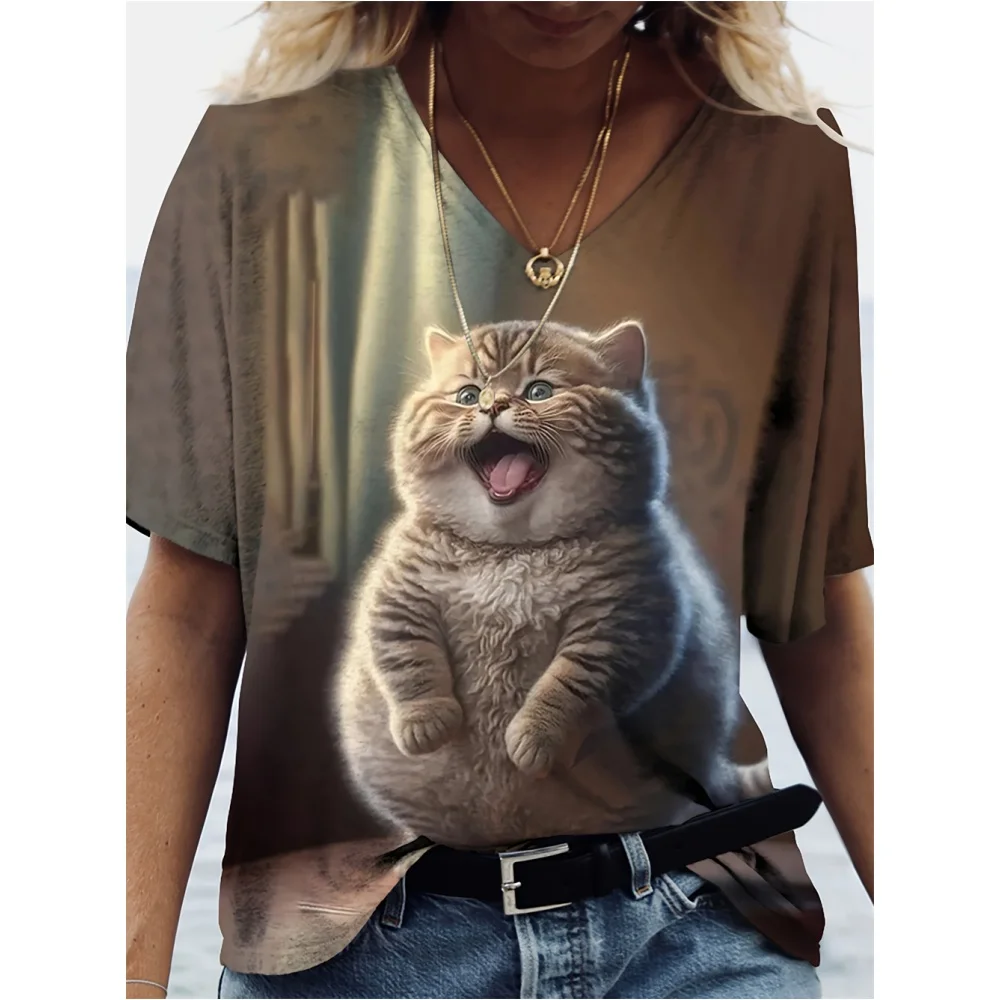 Cute Cartoon Cat Short Sleeved Harajuku Casual Design Sense Short Sleeved Women's V-Neck T-Shirt Top Plus Size Women's Clothing