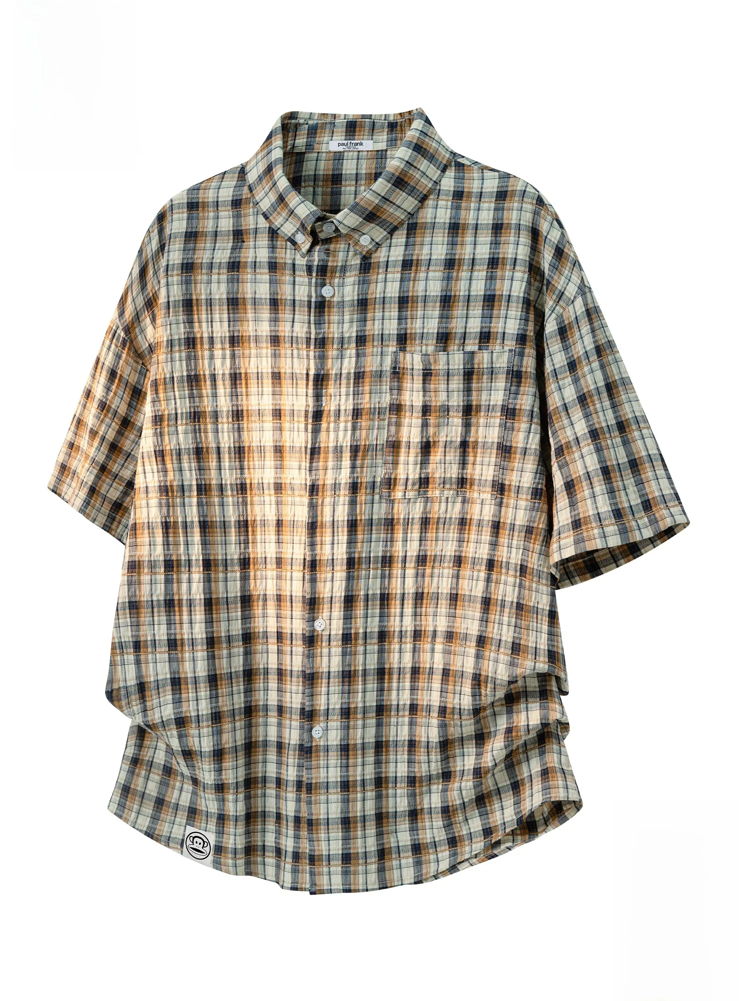 

PaulFrank Large Mouth Monkey Bubble Cloth Plaid ort Sve Men's Summer American Retro Loose Collar irt Breathable Thin P...