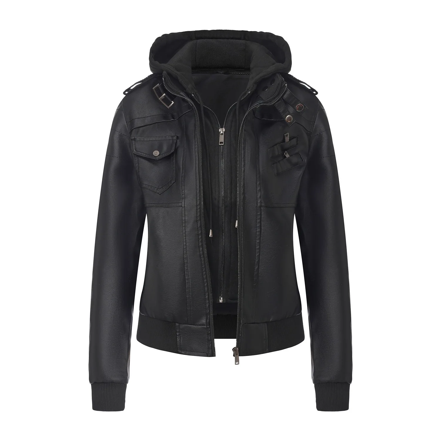 New Women's Women's Removable Hooded Leather Jacket Zipper PU Jacket Large Size Fashion Jacket