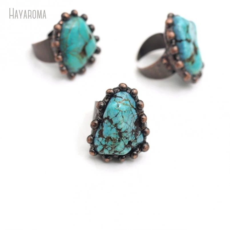 10Pcs Wholesale  Antique Bronze Color Blue Tin Howlite Stone Soldered Free Form Vintage Style Handmade Ring RM50658