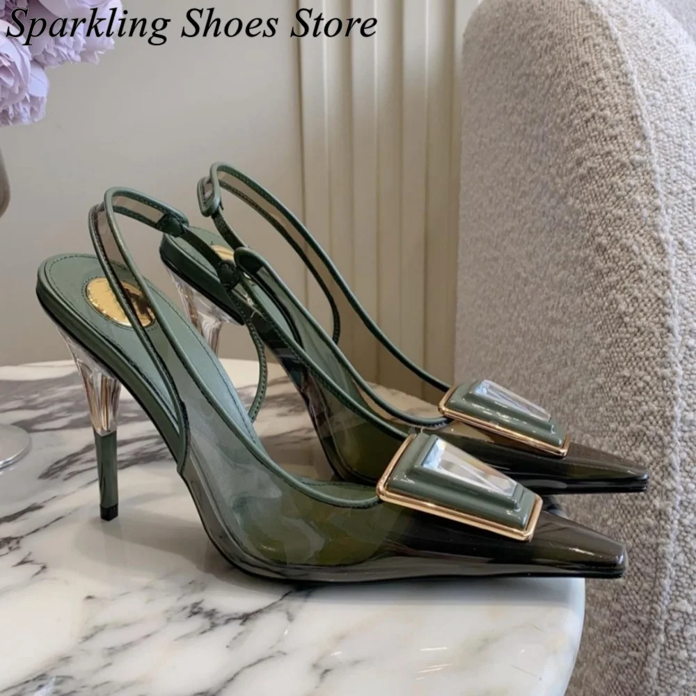 

Burgundy Green Transparent Pvc Heels Luxury Gemstones Pointed Toe Shallow Heeled Sandals New Summer Designer Modern Shoes 2026