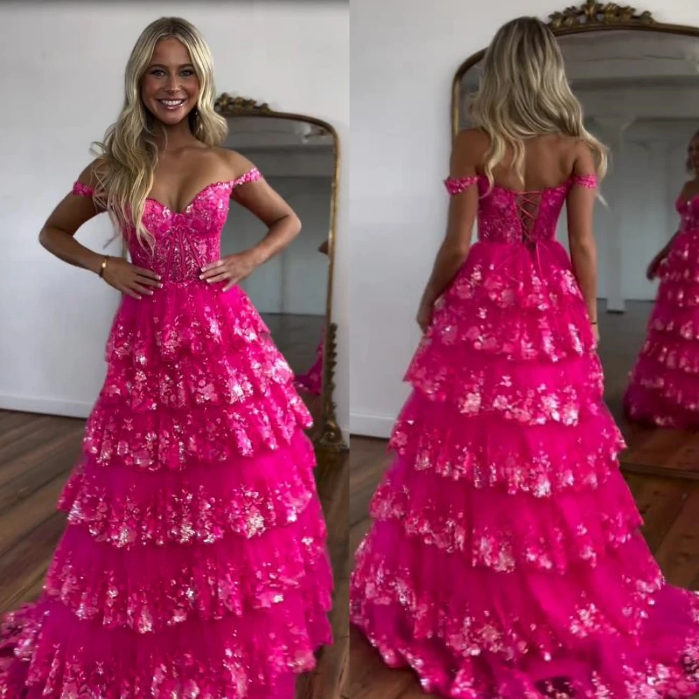 Customized  Sparkle Women Off-the-shoulder Ball Gown Formal Ocassion Paillette / Sequins Floor Length Organza Evening