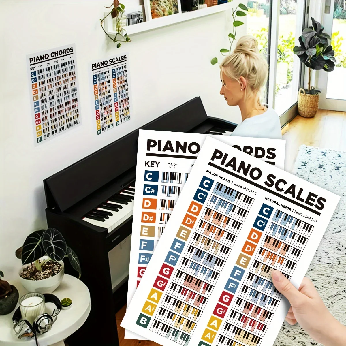 2 unids/set Diagrama de acordes de teclado de Piano/gráfico de pared de enseñanza de conocimiento de piano/pegatina de póster adecuada para principiantes de usar