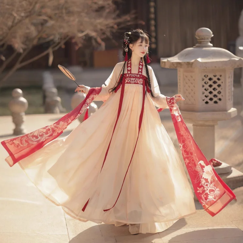 المرأة الأصلية Hanfu تانغ سلالة مستوحاة Qixiong Ruqun الزي النمط الصيني ربيع الخريف ارتداء اليومي مع الأشرطة الكتف