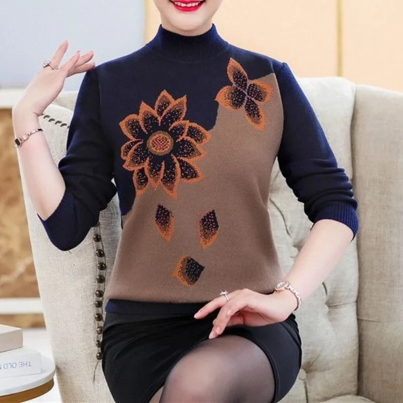 

Autumn and Winter Women's Pullover Round Neck Patchwork Screw Thread Slim Bottom Shirt Fashion Casual Elegant Long Sleeve Tops