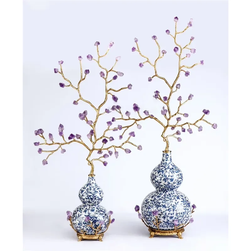 Home Decorations Hotel Restaurant Desktop Decoration Furniture Gift Ceramic Gourd Vase + Beaded Brass Bouquet Indoor Ornament