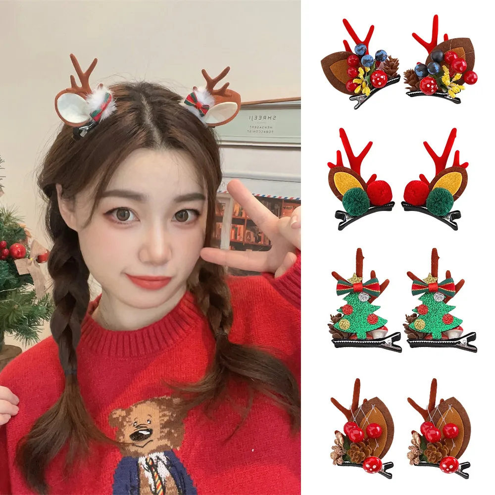 1 Pair Christmas Hair Clips For Women Girls Antlers Side Bangs Clip Cartoon Plush Elk Ear Hairpins Santa Snowman Barrettes