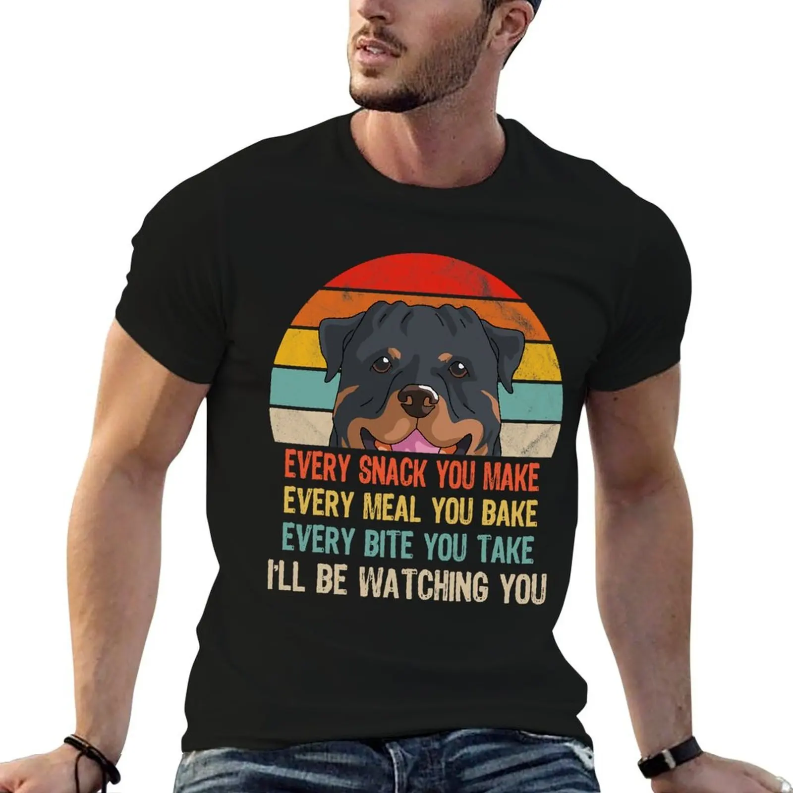 Retro Rottweiler Every Snack You Make Every Meal You Bake T-Shirt Active Sports Short Sleeve Cotton Shirt