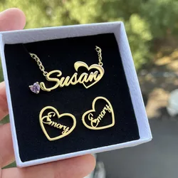 DUOYING Custom Heart Name Necklace Personalized Colorful Stone Nameplate Birthstone Letter Earring Studs Stainless steel Jewelry