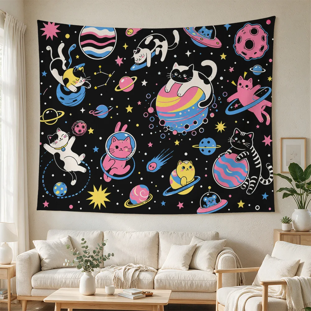Cute Cat Astronaut Galaxy Nursery Wall Hanging Tapestry Boho Kids Room Decor Space Theme Art