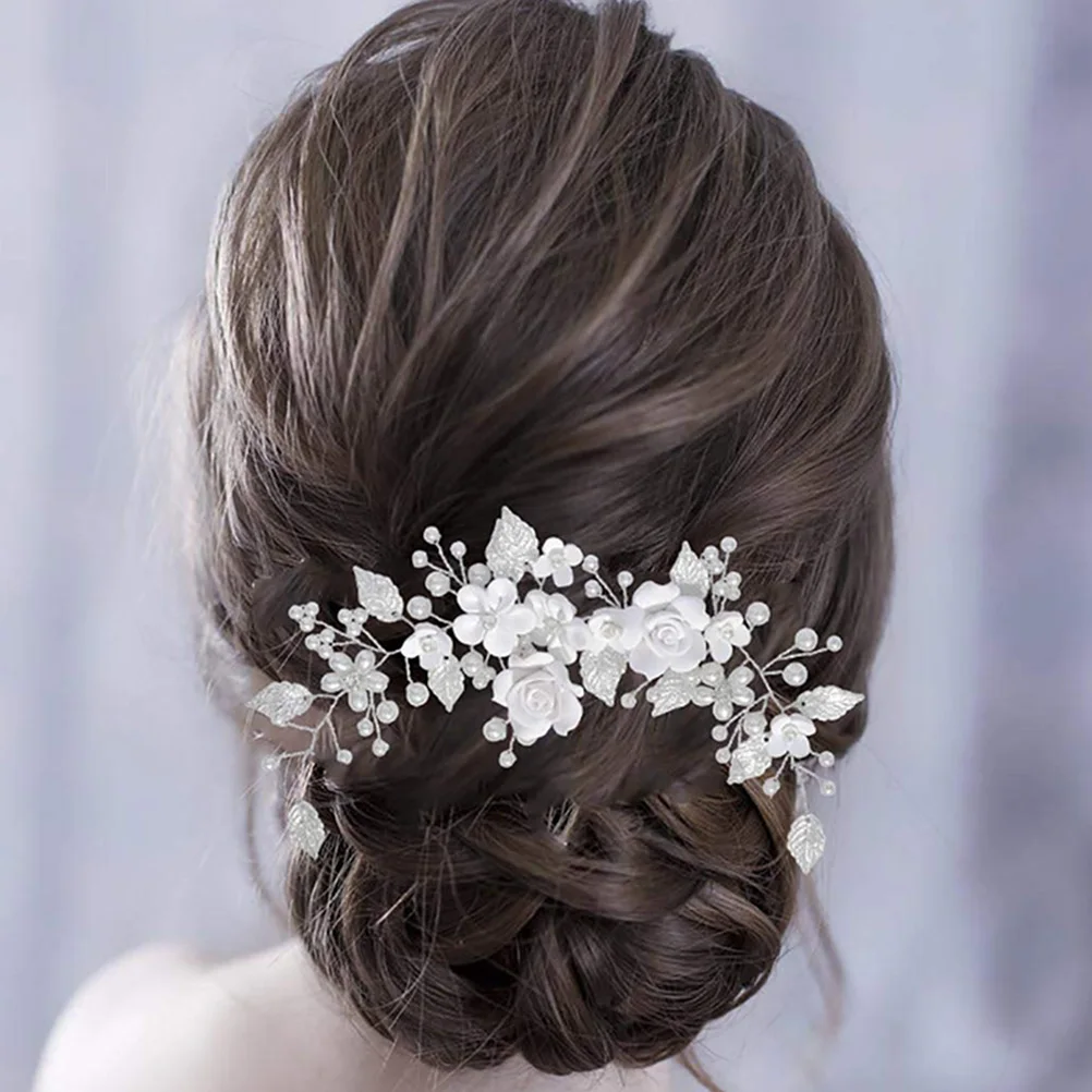 

White Polymer Flowers Silver Leaves Hair Vine Wedding Bridal Hairstyles Pearl Flower Hair Vine Accessories TS2214