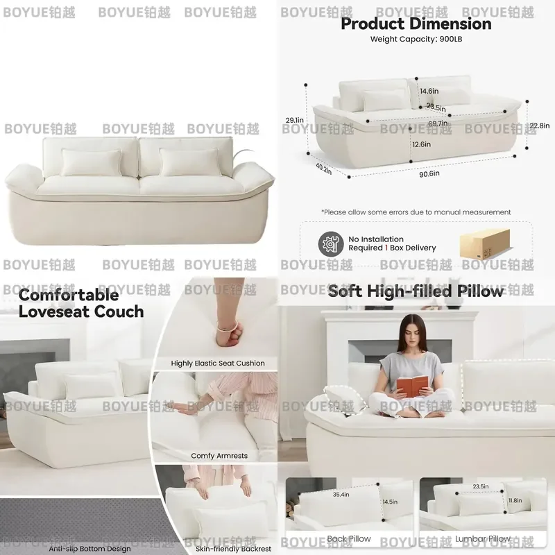89 Inch Cloud Boneless Loveseat Deep Seat Sofa with Lumbar Pillow 2 Seater Compressed Couch Customizable Modern Living Room