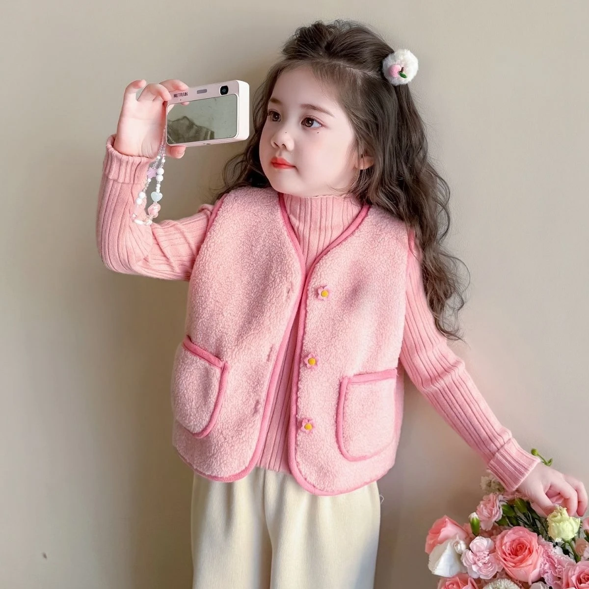 2026 Autumn Winter Baby Polar Fleece Warm Waistcoat Girls Plush Vest Single Breasted Child Warm Fashion Warm Coat