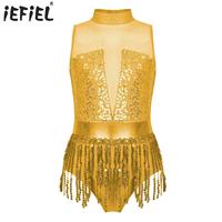 Kids Girls Sequins Tassels Ballet Dance Leotard Stage Performance Costume Sleeveless Keyhole Back Patchwork Fringed Bodysuit