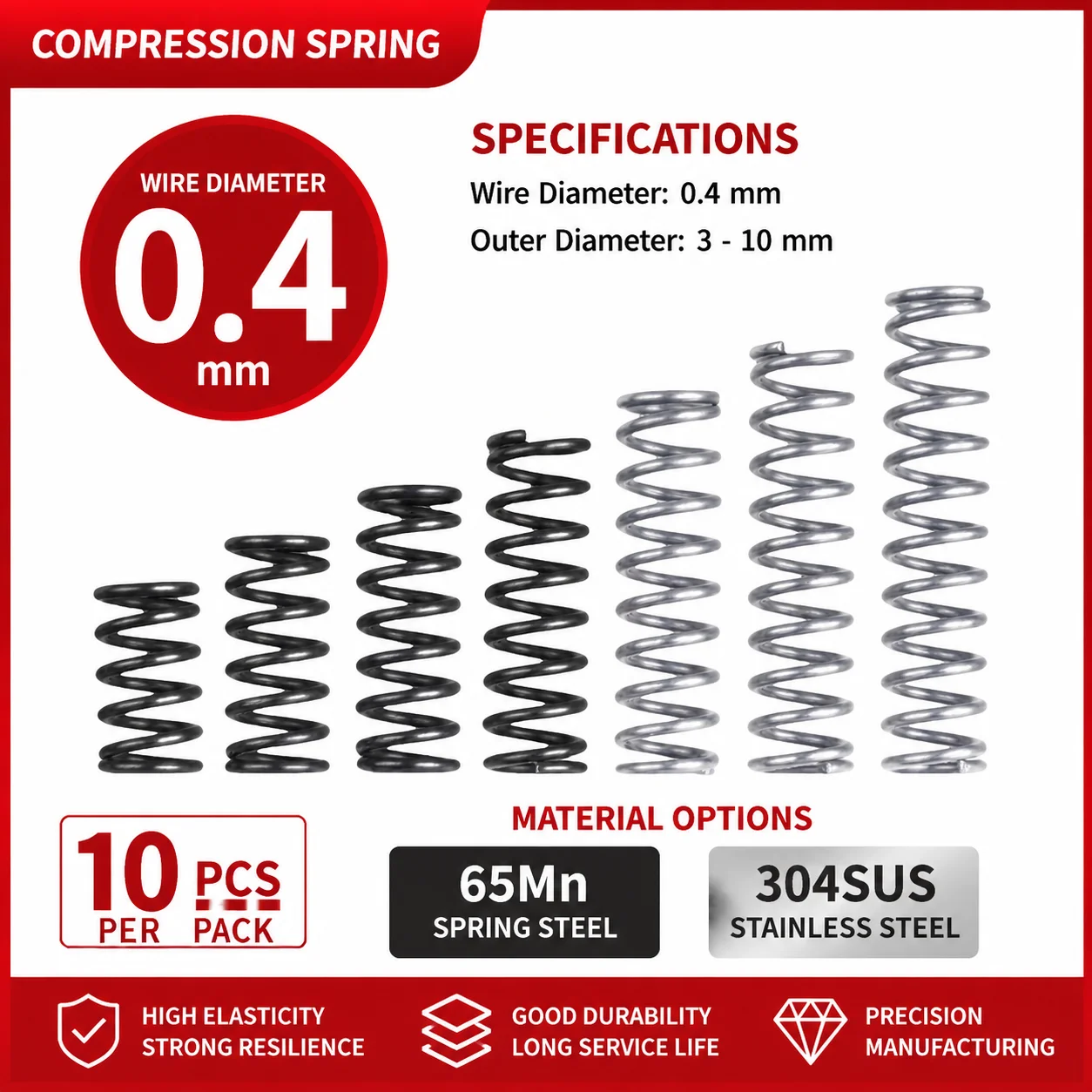 

10Pcs WD 0.4mm OD 3-10mm Length 5-50mm Compression Spring 304SUS/65MN High Elasticity Spring Precision Equipment Pressure Spring