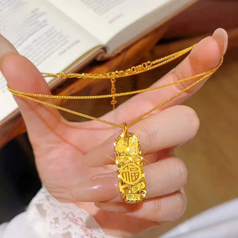 

Chinese Lucky Ice Disc Gold Necklace! 24K Gold AU999 Women's, Hollow Disc Translucent + Matte Blessings, Fit Cheongsam/Knitwear