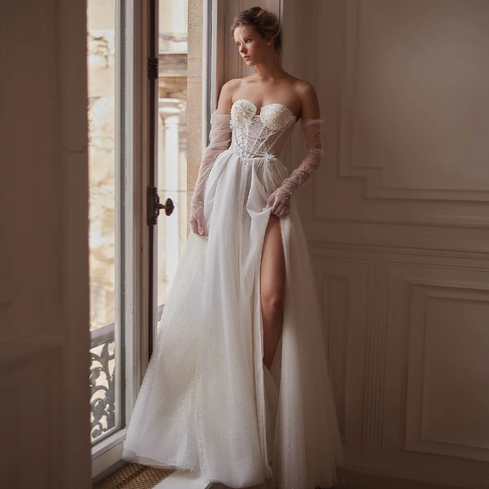 

Customized Soft White Organza Wedding Dress Elegant Sweetheart Sleeveless Robe de mariée Boho A-Line Sweep Train Robe de mariée