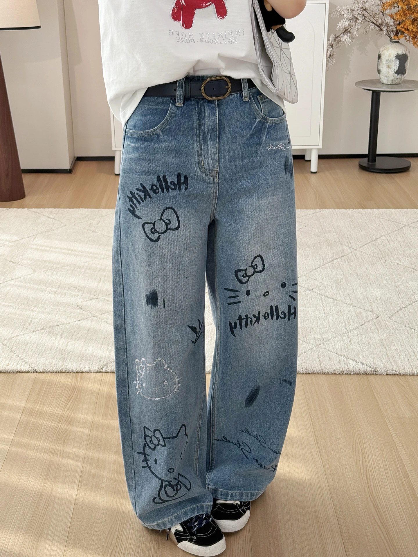 

Kit Classic Waed Environmental Letter Print Jeans High Waist Women's Wide Leg Slim Straight Long Pants Cotton Zipper